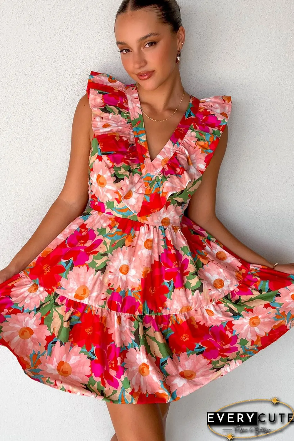Red Floral Sleeveless V Neck Frill Mini Dress