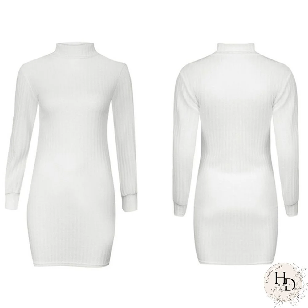 Women Autumn and Winter Long Sleeve Knitted Sweater Dress Ladies Fashion Keep Warm Knitting High Collar Slim Fit Bottoming Mini Knitting Dress