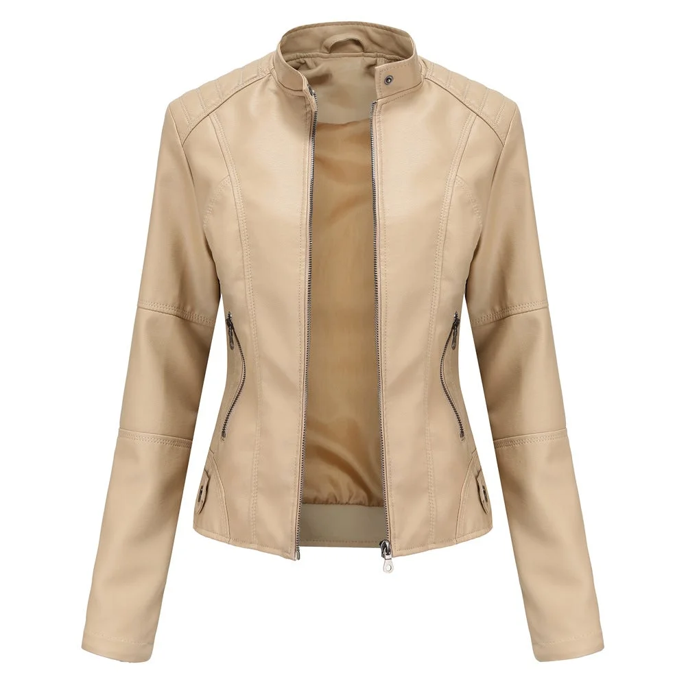 Slim-fit Stand-collar Leather Jacket Woman Biker Jacket