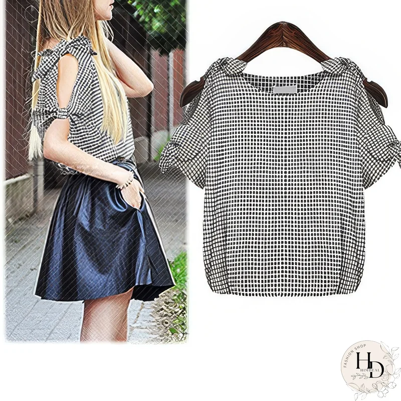 Camiseta para mujer - Diseño de cuadros con corte en el brazo / Blusa ondulada / Lazo