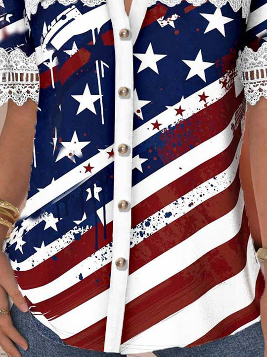 Women Short Sleeve V-neck Striped Star Printed Graphic Lace Hollow Stitching Button Tops
