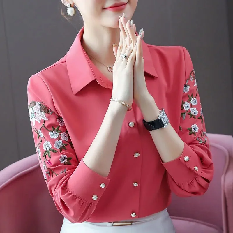 Ueong Lapel Button Embroidery Chiffon Shirt Women's Clothing 2023 Autumn New Loose Casual Tops Loose Office Lady Blouse