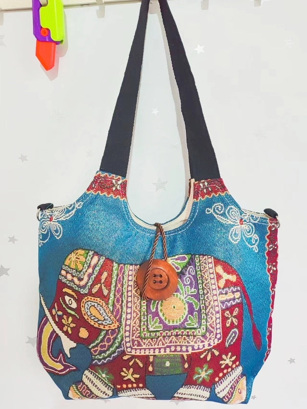 Women’s Large Canvas Elephant Ethnic Style Square Zipper Shoulder Bag