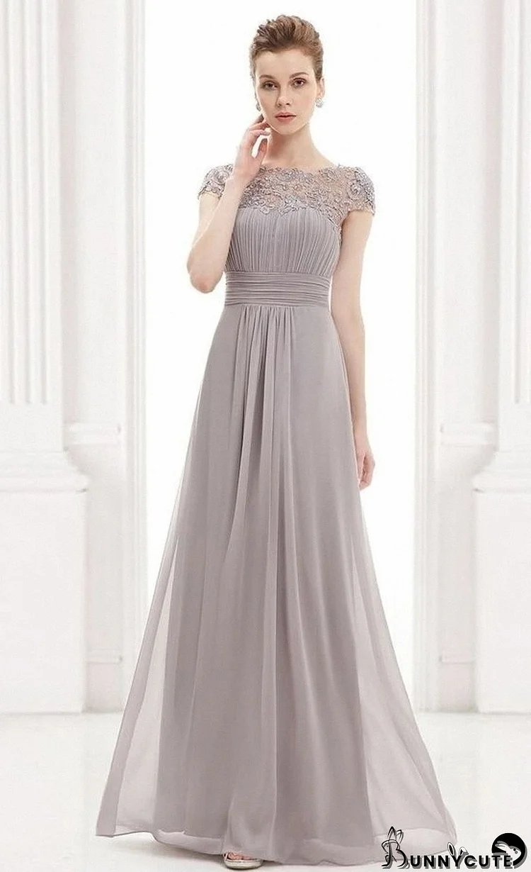 Women Elegant Short Sleeve Lace Bridesmaid Evening Dress