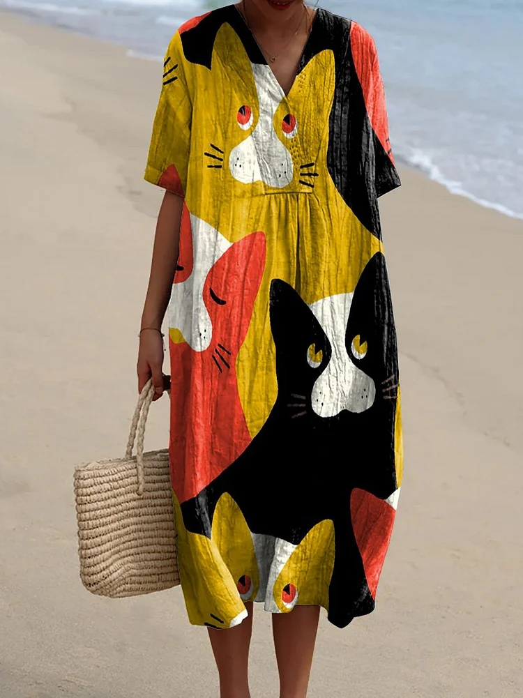 Women's Cat Contrasting Color Geometry Art Print Flowy Dress