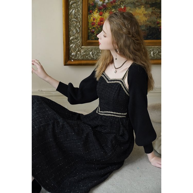 Fairy Tales Aesthetic Elegant Short Cardigan + Black Tweed Slip Dress Set QueenFunky