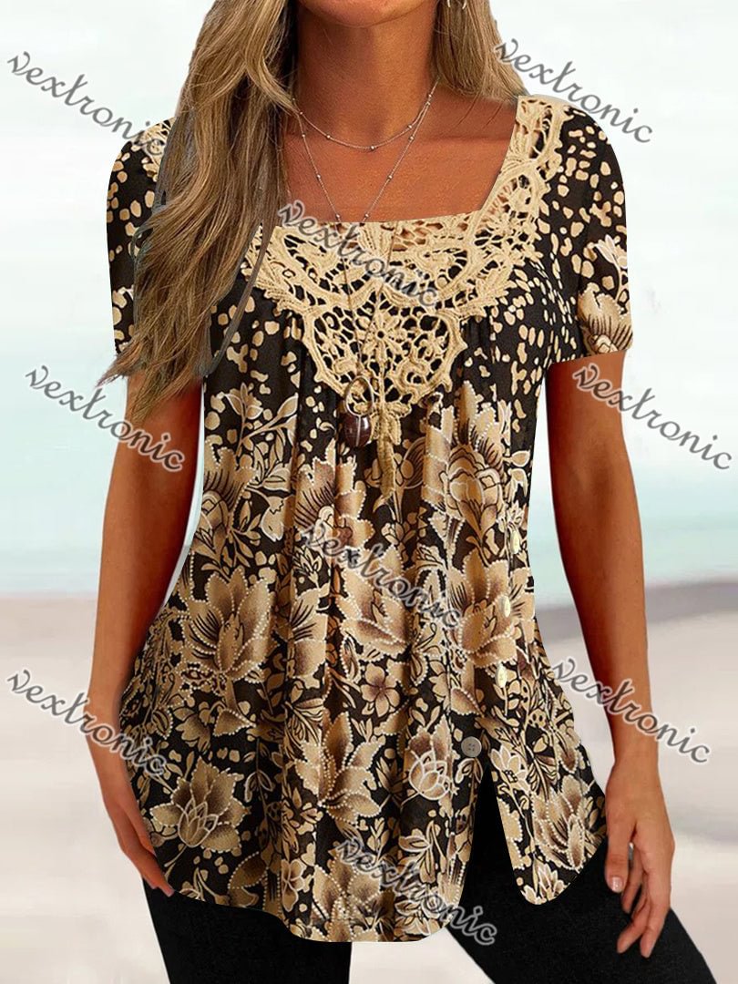 Women's Short Sleeve U-neck Floral Printed Lace Button Top