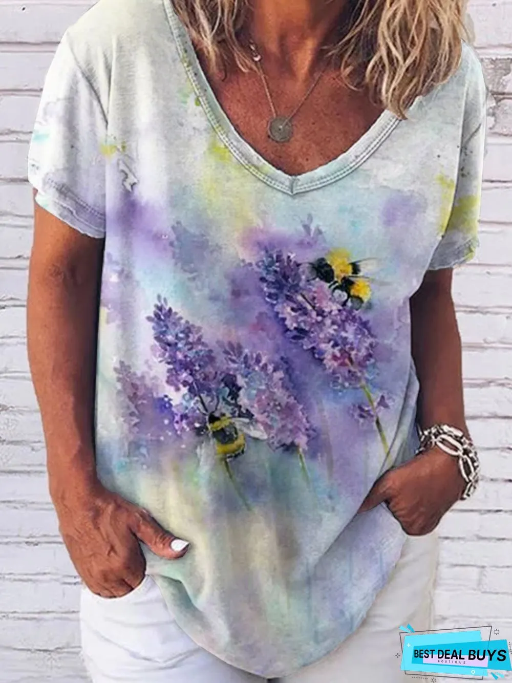 Art Bee V Neck Pastoral Jersey T-shirt