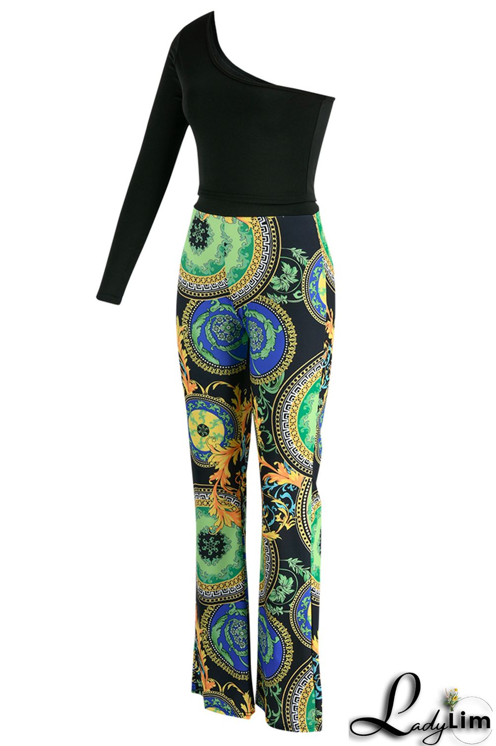 Sky Blue Fashion Casual Print Patchwork Backless Oblique Collar Long Sleeve Two Pieces