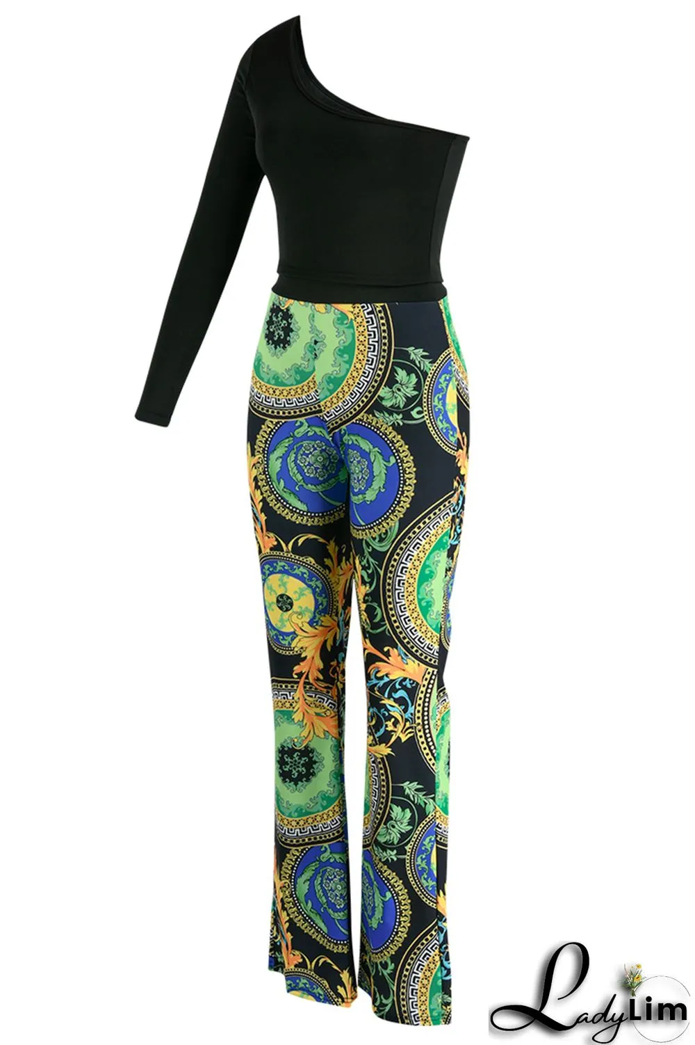 Sky Blue Fashion Casual Print Patchwork Backless Oblique Collar Long Sleeve Two Pieces
