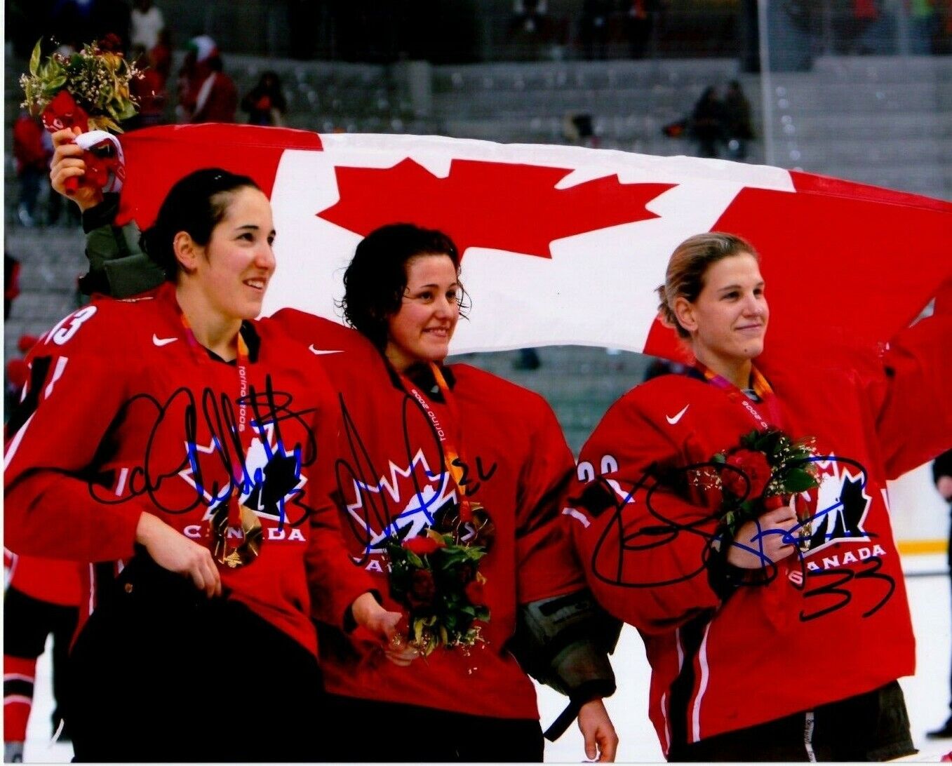 KIM ST-PIERRE CAROLINE OUELLETTE LABONTE SIGNED TEAM CANADA 2010 GOLD MEDAL 8x10