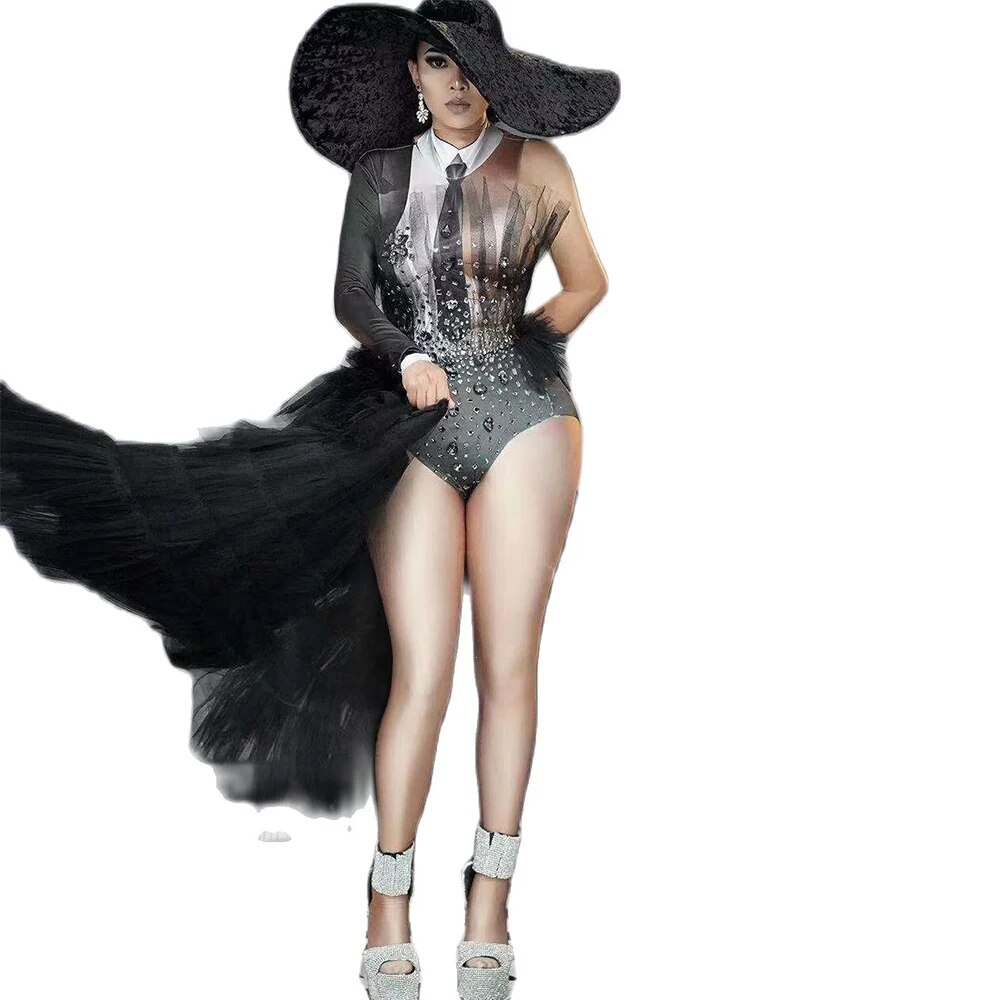 VCSHOES Black Shining Crystal Rhinestones One Sleeve Bodysuits With Long Gauze Folds For Women Model Wear Drag Queen Outfit