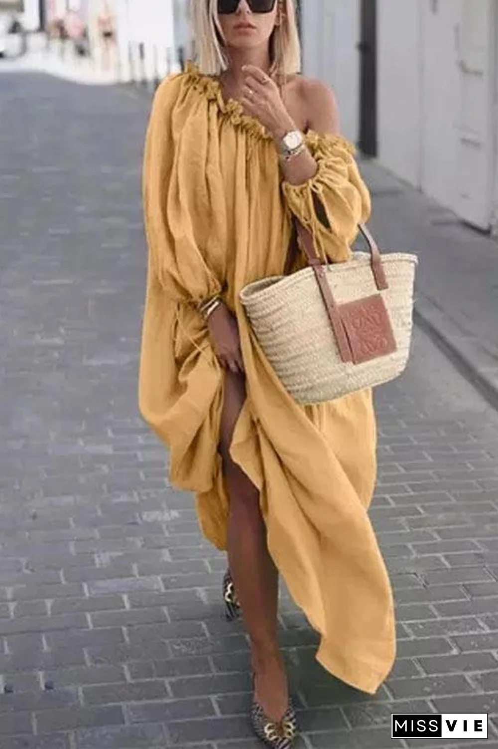 One Shoulder Off Waterfall Dress