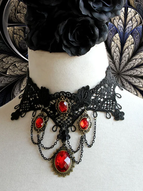 Gothic Lolita Choker Metal Detail Jewel Lace Black Lolita Necklace Novameme