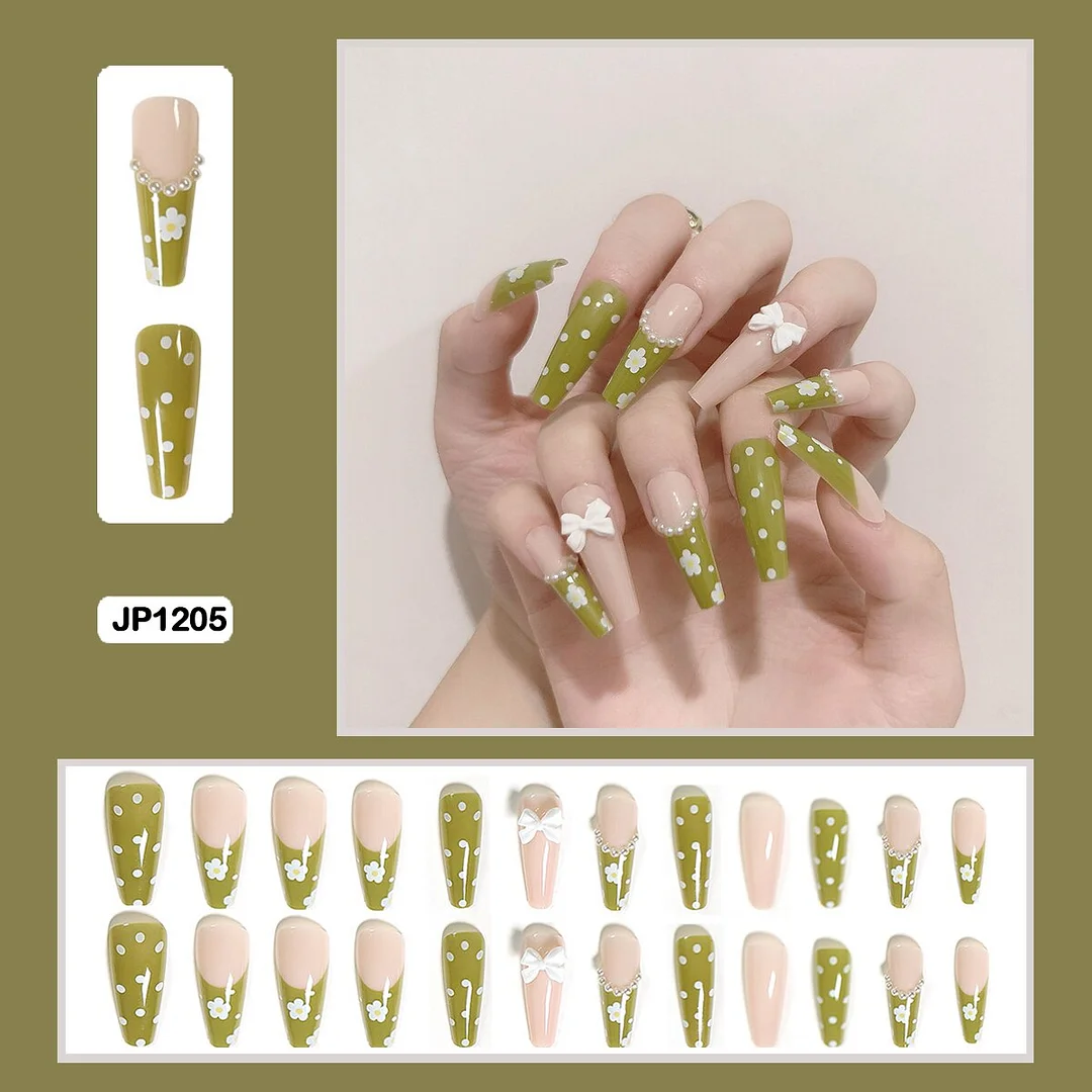 Three-dimensional bow flowers sweet heart shaped long trapezoidal wearable nail fake nails