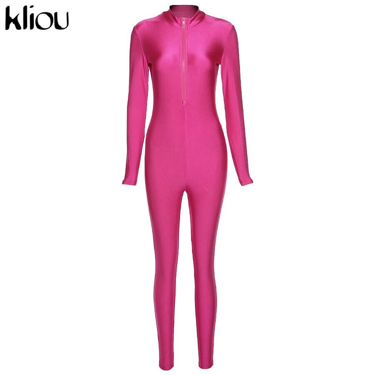 Kliou Zipper Solid Bodycon Womens Jumpsuit New Fashion Streetwear Skinny Long Sleeve One Piece Active Jumpsuits - BlackFridayBuys
