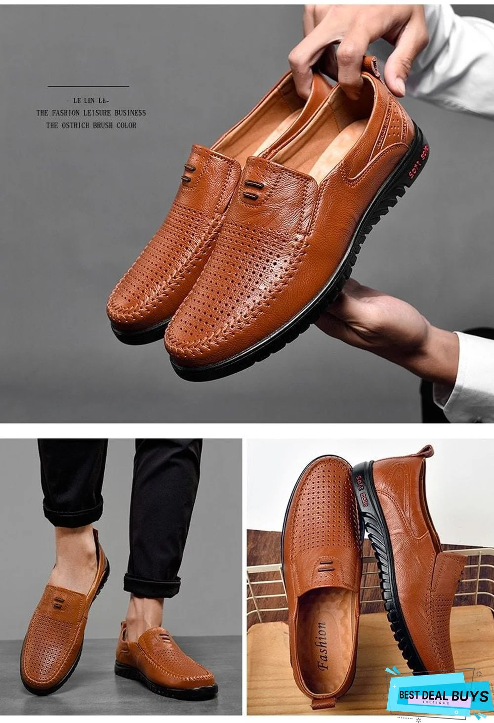 New Openwork Men Black Loafer Perforated Shoes Leather Flats Driving Shoes Business Men's Shoes