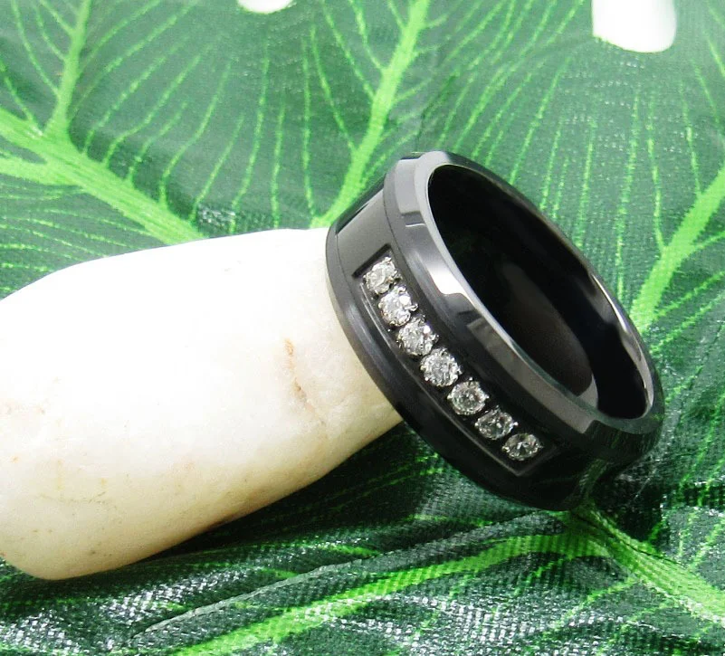 6MM 8MM Mens Tungsten Carbide Rings White Tungsten Carbon Fiber Polished Beveled Edge CZ Stone Channel