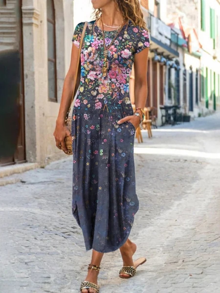 Women's Round Neck Pocket Short Sleeve Printed Dress