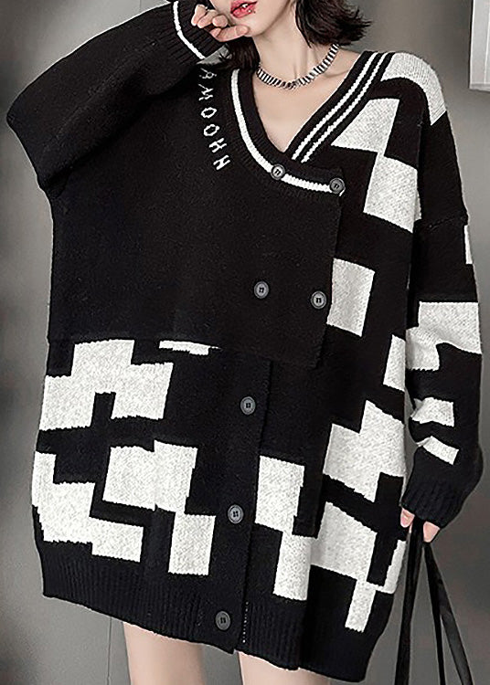 VCSHOES Loose Black V Neck Asymmetrical Patchwork Plaid Button Knit Cardigan Spring