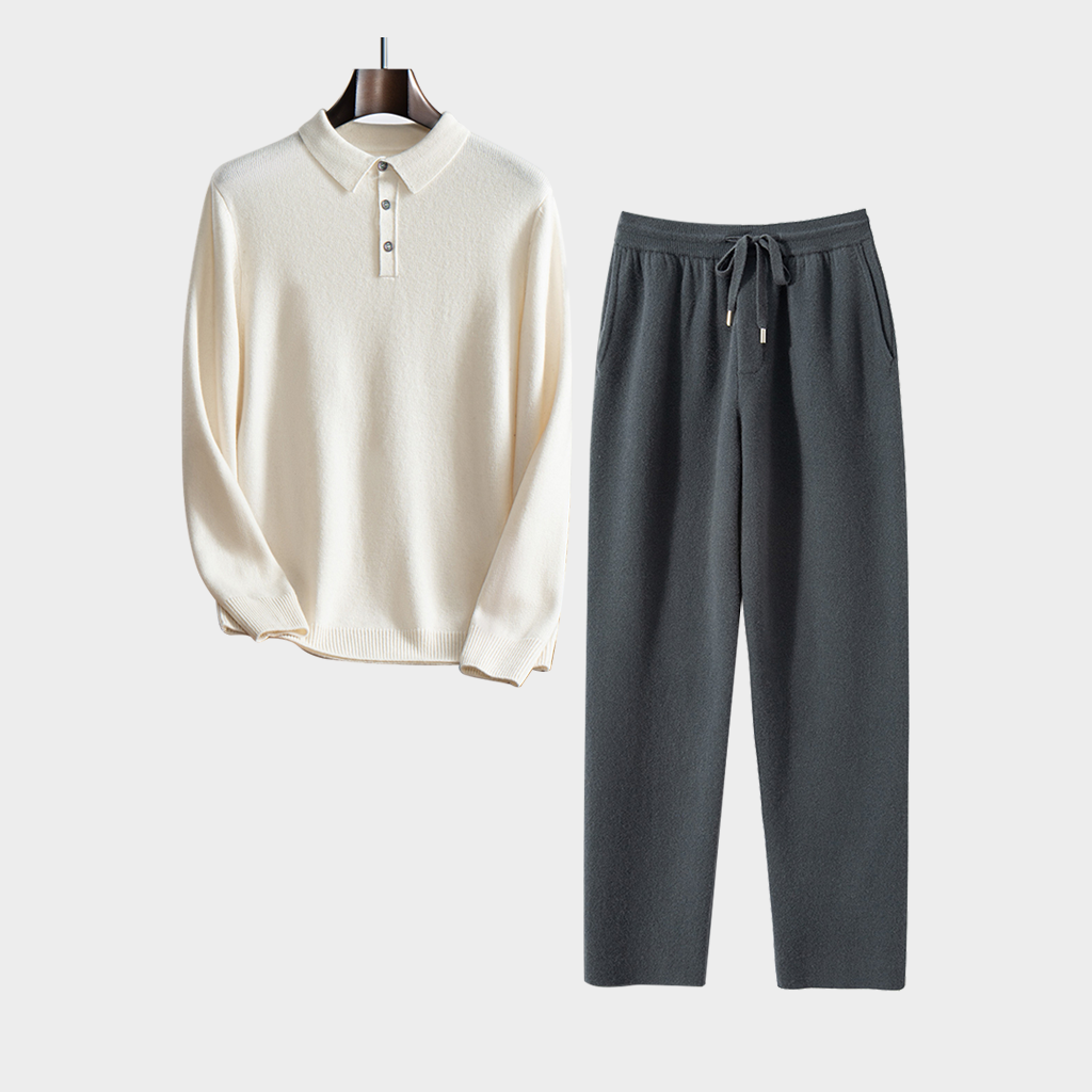 Men's Cashmere Polo Shirt and Pants Set | Classic Casual Knitwear REAL SILK LIFE