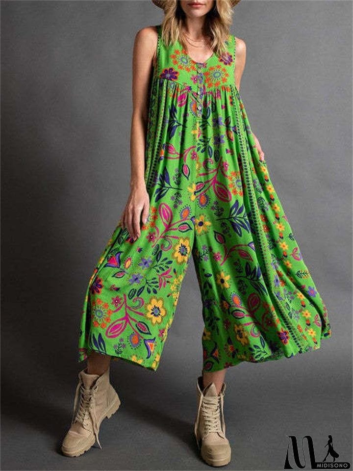 MidiSono - Women's Sleeveless Oversize Vintage Print Wide Leg Jumpsuit