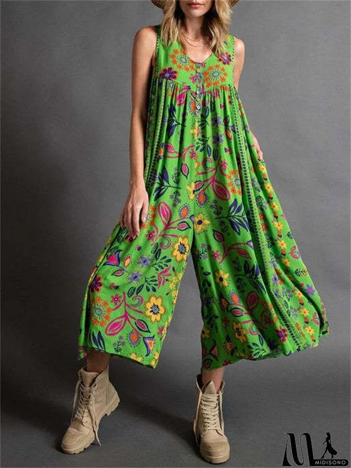 MidiSono - Women's Sleeveless Oversize Vintage Print Wide Leg Jumpsuit