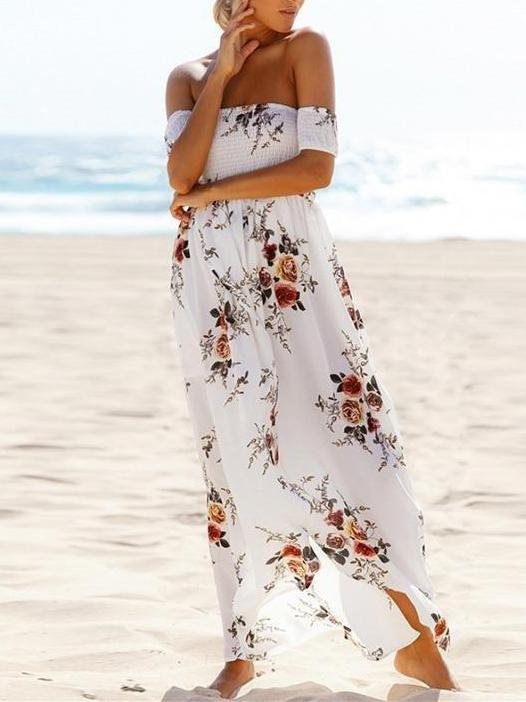 Fashion Floral Printed Off Shoulder Short Sleeve Maxi Dress