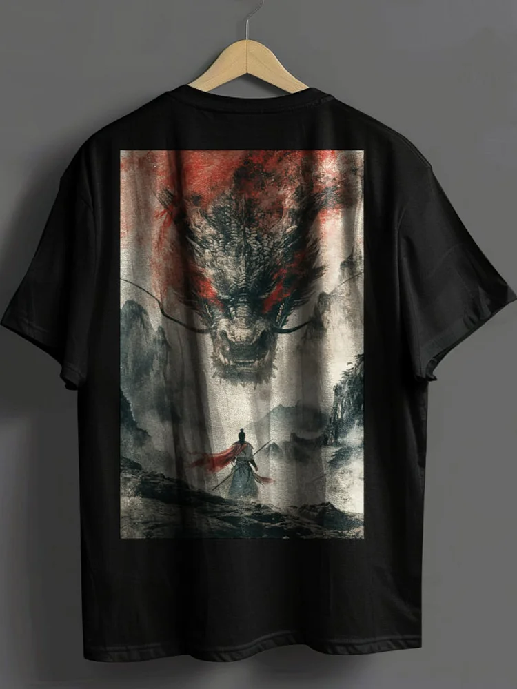 Men's Mystical Dragon And Samurai Japanese Art Print Cotton Casual T-Shirt