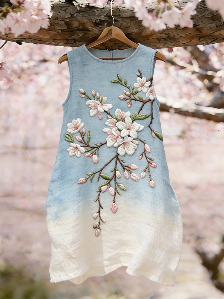 Cherry Blossom Pattern Embroidery Gradient Color Casual Linen Sleeveless Dress elevenforest