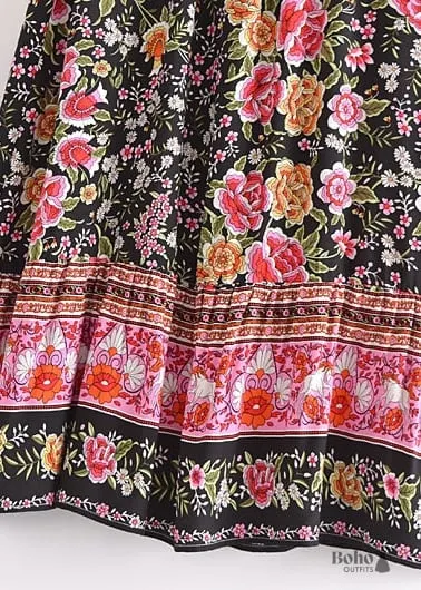 Boho Skirts in Eulalie Balck Pink Flower For Women