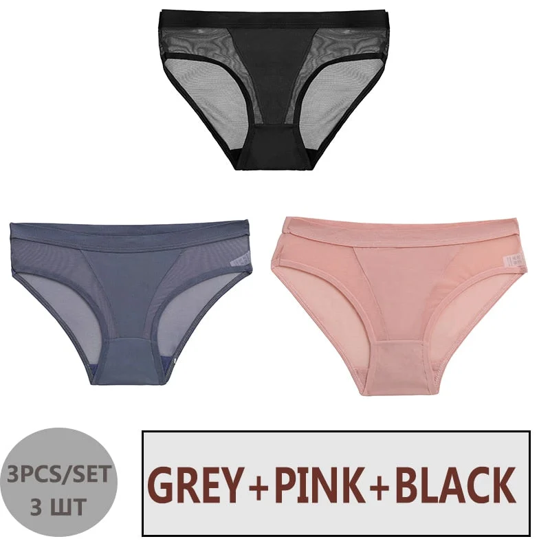FINETOO 3PCS/Set Women Panties Sexy Mesh Lingerie Breathable Female Underwear For Woman Low-Rise Underpant Woman Panties Briefs