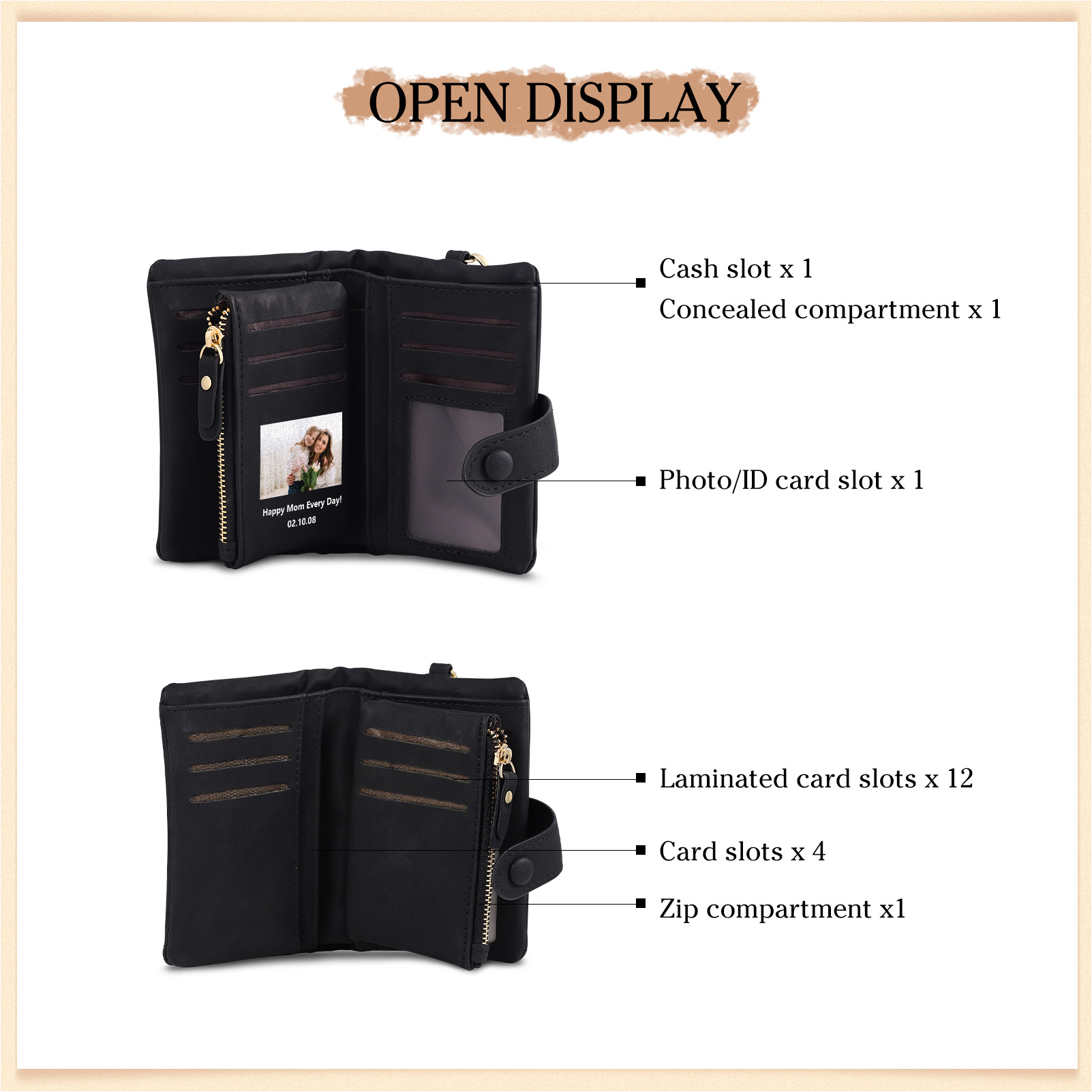 Portafoglio in PU pelle girasole con 1 letetra & 1 testo & 1 nome & 1 foto personalizzati per mamma/nonna