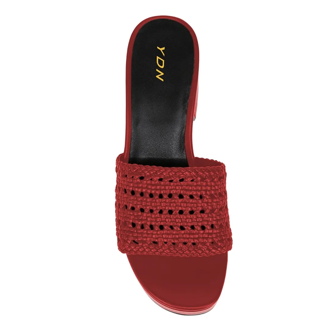 Red Vegan Leather Open Round Toe Woven Block Heel Platform Mules