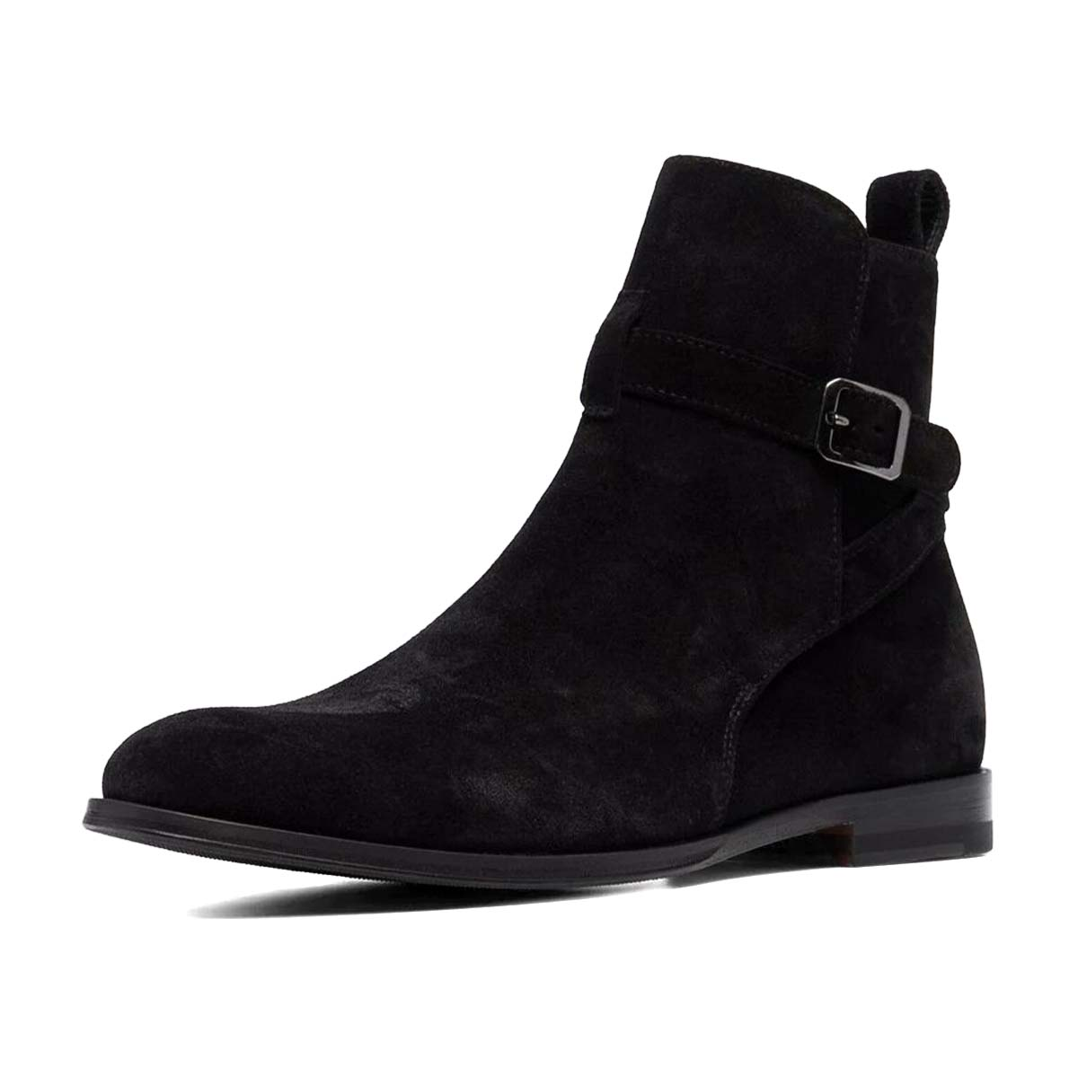 Casual Black Vegan Suede Round Toe Flat Ankle Boots with Buckles Nicepairs
