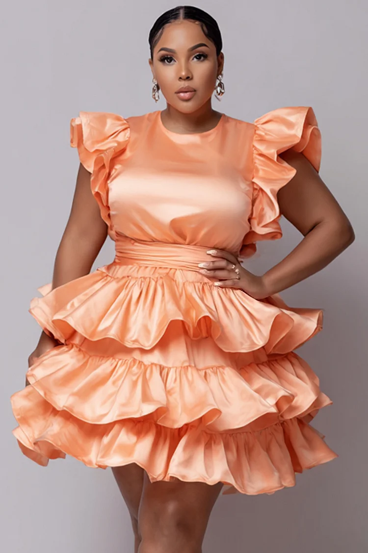 Xpluswear Design Plus Size Party Elegant Orange Round Neck Flutter Sleeve Ruffle Tiered Satin Mini Dresses [Pre-Order] 2024 - Xpluswear