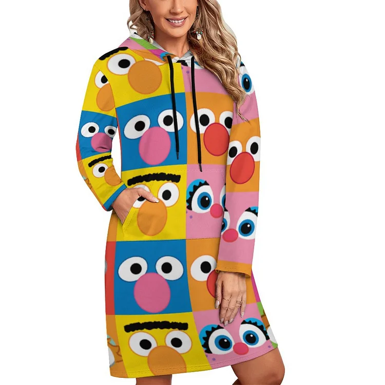 S-5XL Sesame Street Character Eyes Faces Women's Pullover Hooded Kangaroo Pocket Sweatshirt Casual Hoodie Dress - Heather Prints Shirts