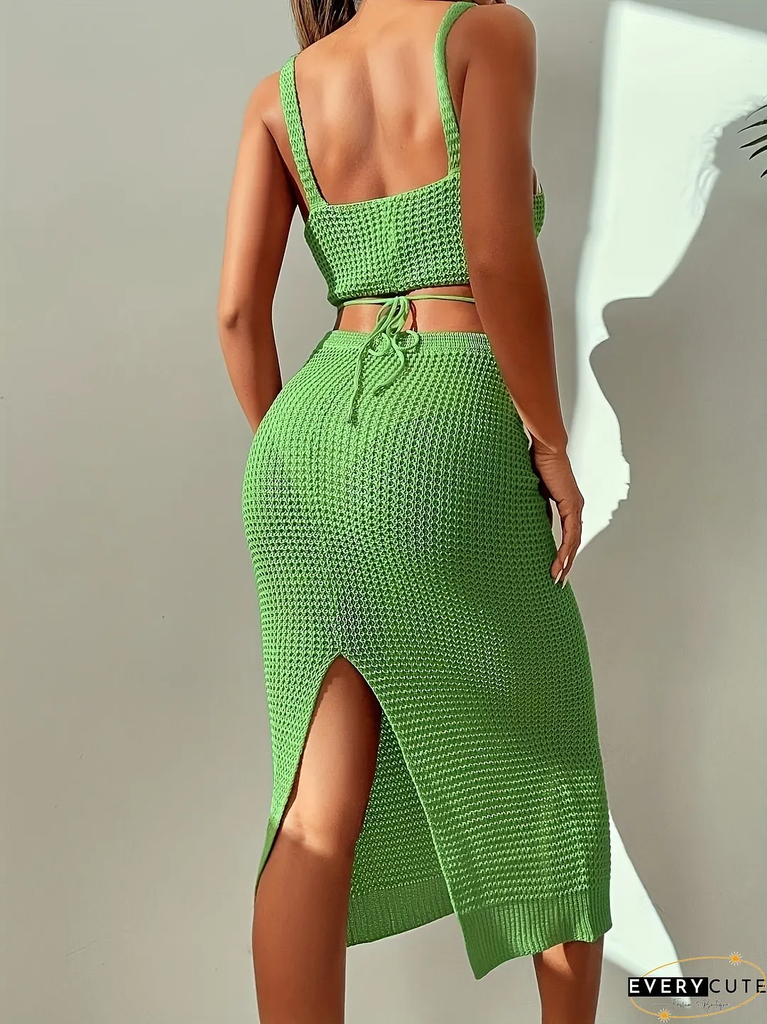 Waffle Print Solid Casual Two-piece Set Cropped Sleeveless Tank Top Drawstring Bodycon