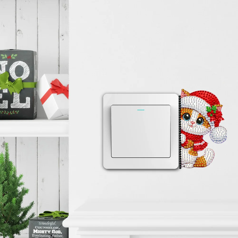 5D DIY 4Pcs Christmas Cat Acrylic Diamond Wall Switch Sticker for Wall Decoration