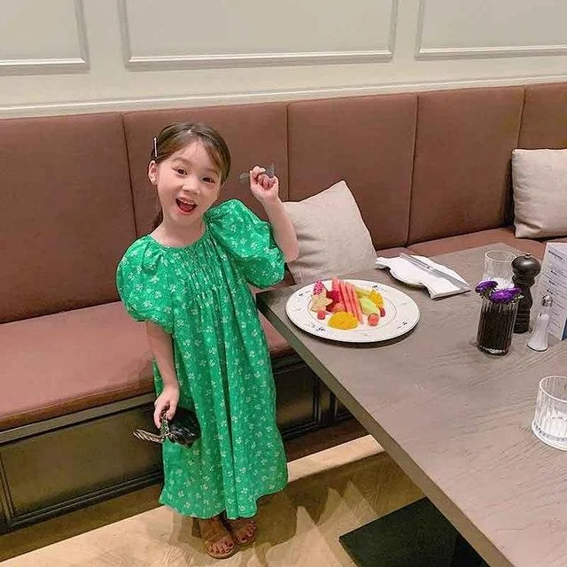 Retro Baby Spring Summer Girls Cotton Dress Kids Teenagers Children Clothes Outwear Puff Long Sleeve High Quality