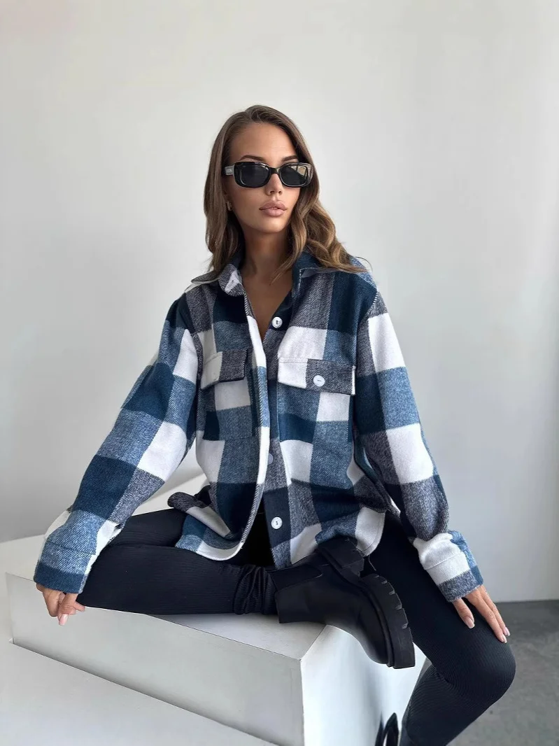 Nigikala Nigikala New Casual Long-Sleeved Open Shirt Plaid Shirt For Women