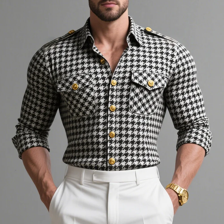 Okaywear Gold Button Flap Pocket Long Sleeve Houndstooth Shirt 