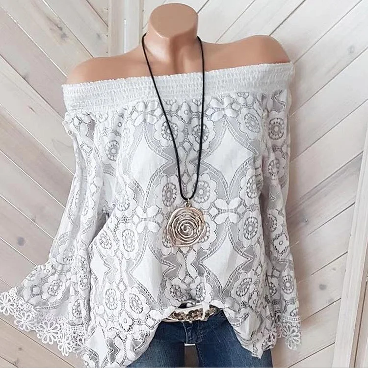 Lace Floral Flare Sleeve Smocked Off Shoulder Blouse