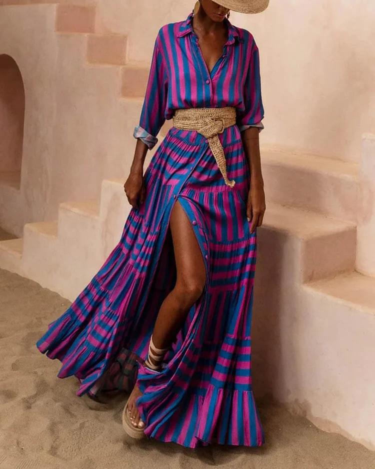 Ladies Casual Fashion Striped Print Dress