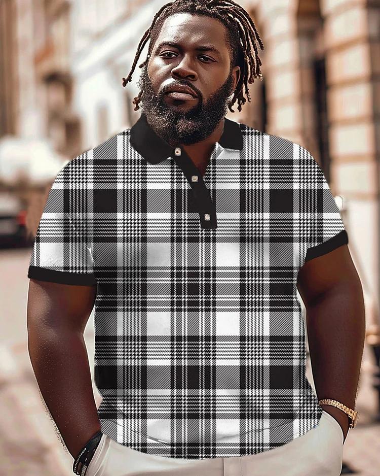 Black and White Checkered Printed Oversized Men's Polo Shirt