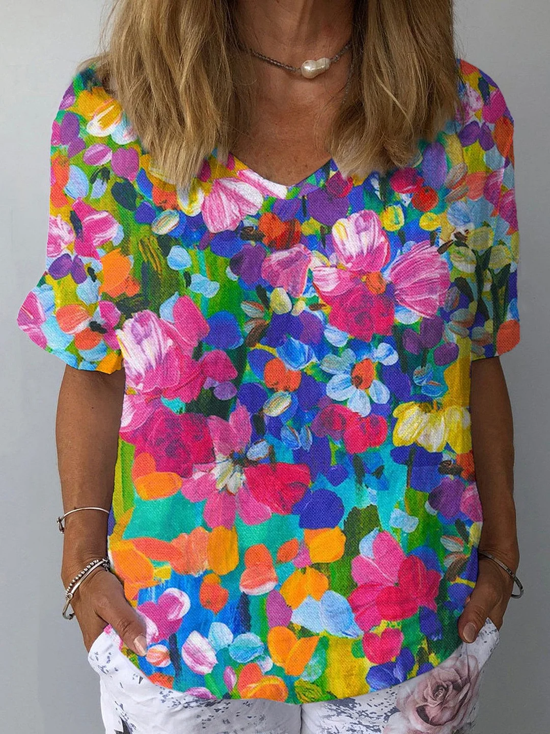Women's Floral Print Casual V-Neck Top