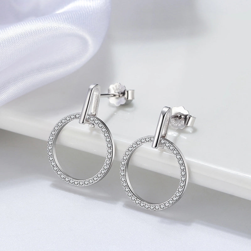 1 Pair 925 Sterling Silver Zircon Circle Round Drop Earrings