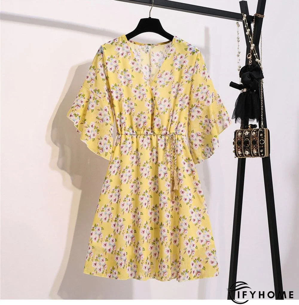 Spring Summer Chiffon Women V-Neck Floral Print Short Dresses Sweet Ruffle Sleeeve Slim Drawstring Ladies Dress | IFYHOME
