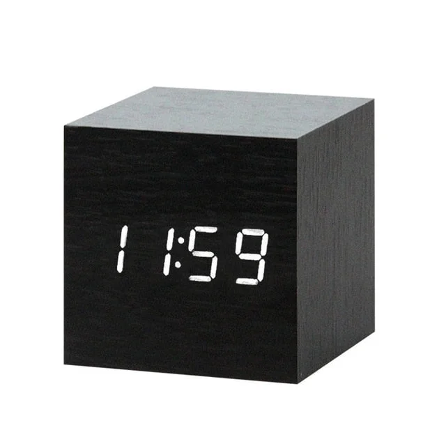 Wooden Digital LED Alarm Clock Voice Control USB/AAA Powered Electronic Table Clock Multifunction Temperature Desk Watch Decor