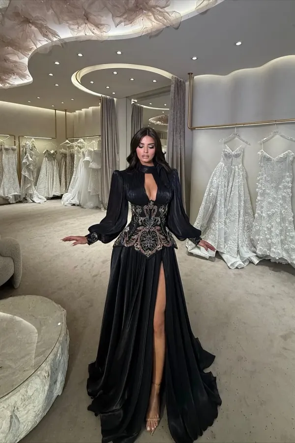 Daisda Elegant Black High Neck Embroidery Long Sleeves Prom Dress With Split